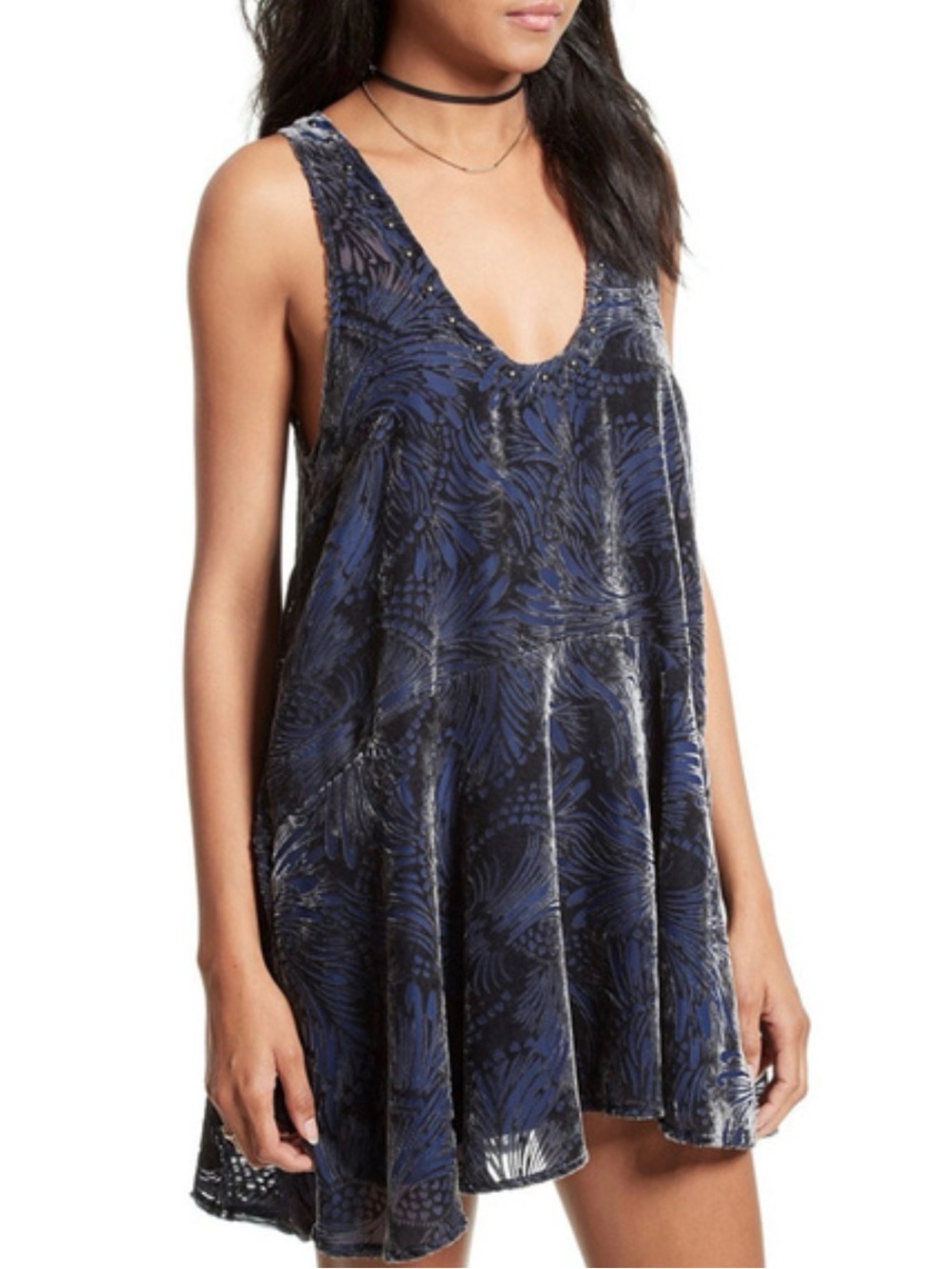 Free People Women's Navy Blue velvet Printed lined mini dress #boho Women’s XS
